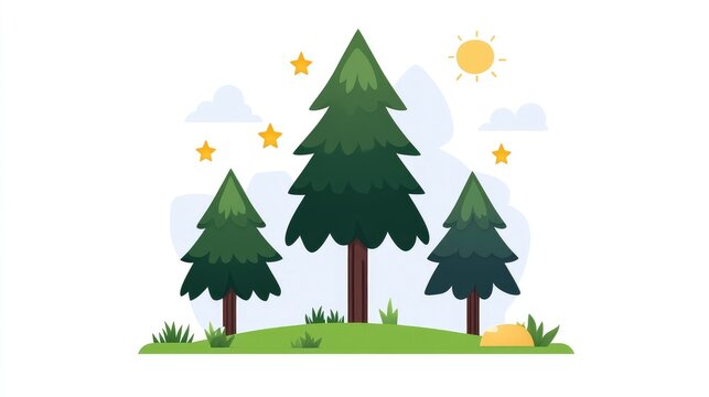 Cartoon illustration of three pine trees on a green hill under a sunny sky with stars.