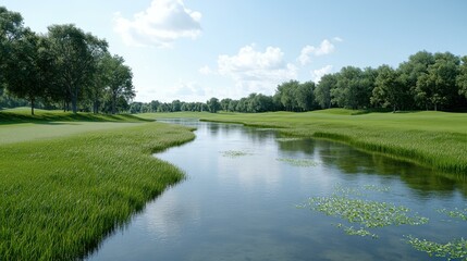 Serene lake view with lush green surroundings and clear sky, perfect for nature relaxation.