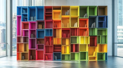 A vibrant, modern shelving unit, a testament to minimalist design, stood tall, its grid-like structure adorned with a kaleidoscope of colorful boxes, each a unique hue adding a pop of personality to