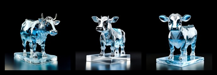 Three clear glass cow figurines are displayed on a black background. The cows are in different poses and are illuminated by a light source, creating reflections and highlights.