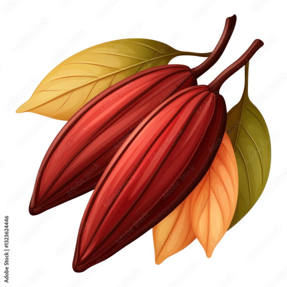 Poster cocoa pods with vibrant leaves on transparency background