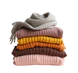 Stack of Knit Sweaters and Scarf, transparent background