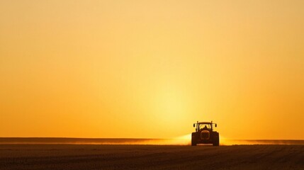 Tractor in Silhouette Against Vibrant Sunset in Agricultural Landscape