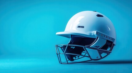 Fototapeta premium A pristine white cricket helmet, a symbol of protection and skill in the sport of cricket, rests proudly against a vibrant blue backdrop, surrounded by the sleek equipment that enhances the game s
