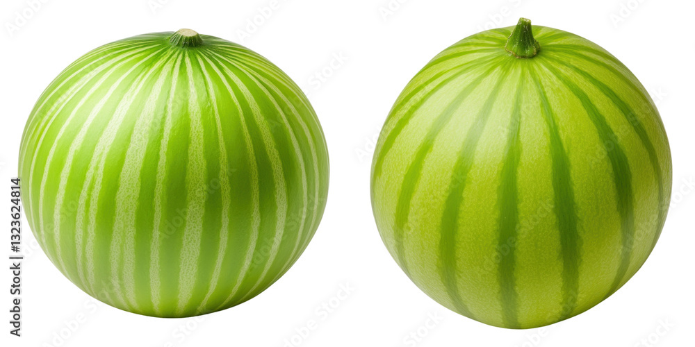 Poster two whole green melons with striped patterns on transparency background