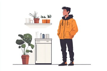 Young person in casual outfit standing in a stylish interior with houseplants, modern furniture, and minimalist decor, creating a cozy atmosphere.