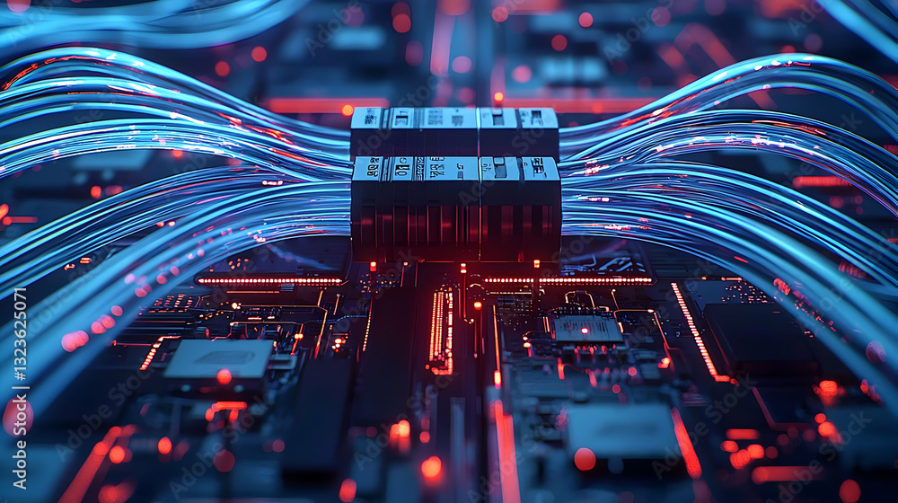 Poster abstract digital circuit board with glowing blue and red lines illustrating network connection
