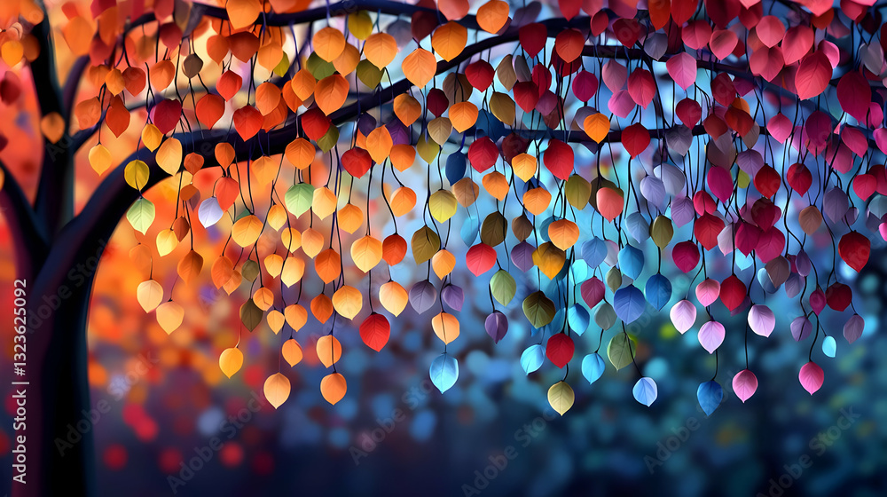 Poster abstract artistic representation of a tree with multicolored leaves against a blue gradient backgrou