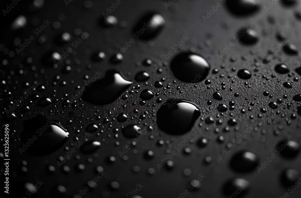 Poster water droplets on dark surface macro with shiny reflections minimalist