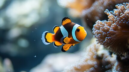 A playful clown fish, adorned in vibrant orange and black stripes, gracefully navigated the crystal-clear waters of the deep, a solitary figure against the pristine white background of the ocean, its