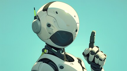 Naklejka premium Futuristic humanoid robot raising a finger in a minimalist digital environment