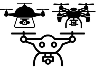 Three drone icons vector  in black and white showcase different design styles.