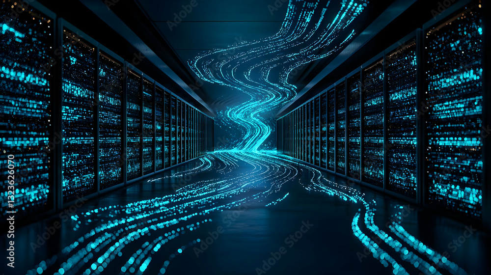Poster dark data center interior with blue glowing data streams and server racks displaying modern technolo
