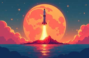 Military missiles launch over ocean towards impending target at dusk