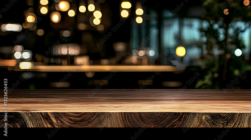 Poster close up of a wooden table surface in a dark and blurred interior background with bokeh lights creat