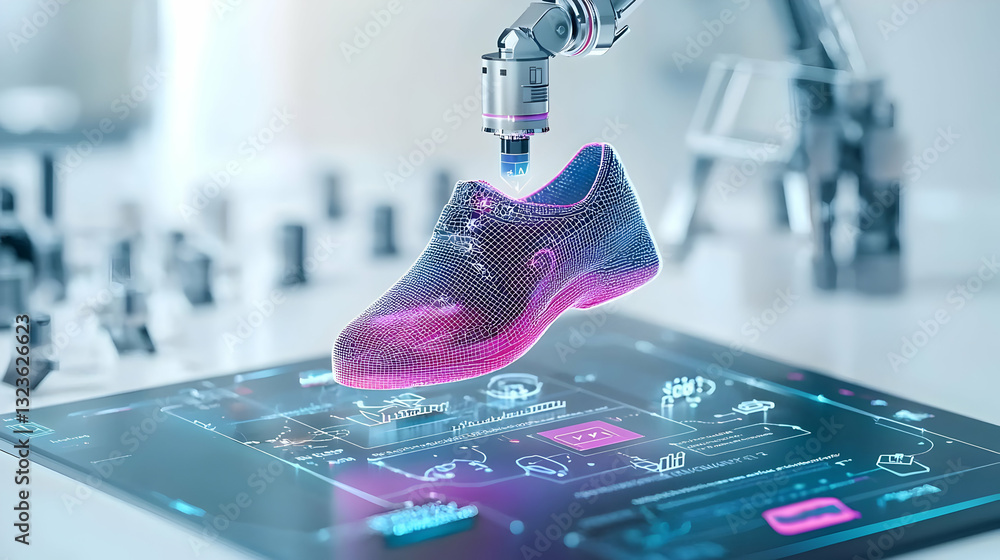Poster digital shoe floating above tablet screen illuminated by robotic arm in modern futuristic studio