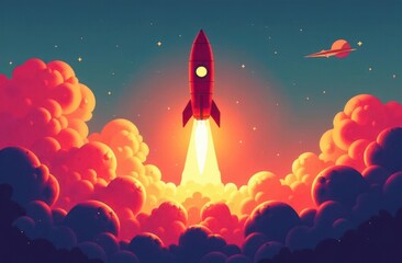 Missiles launched towards target amidst vibrant cosmic backdrop