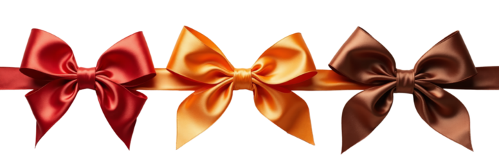Three Satiny Bows in Red, Gold, and Brown with Transparent Background