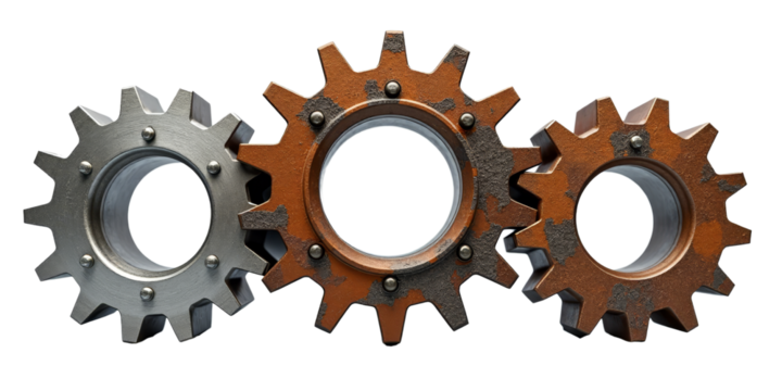 Three Metal Gears, One Silver and Two Bronze, Transparent Background