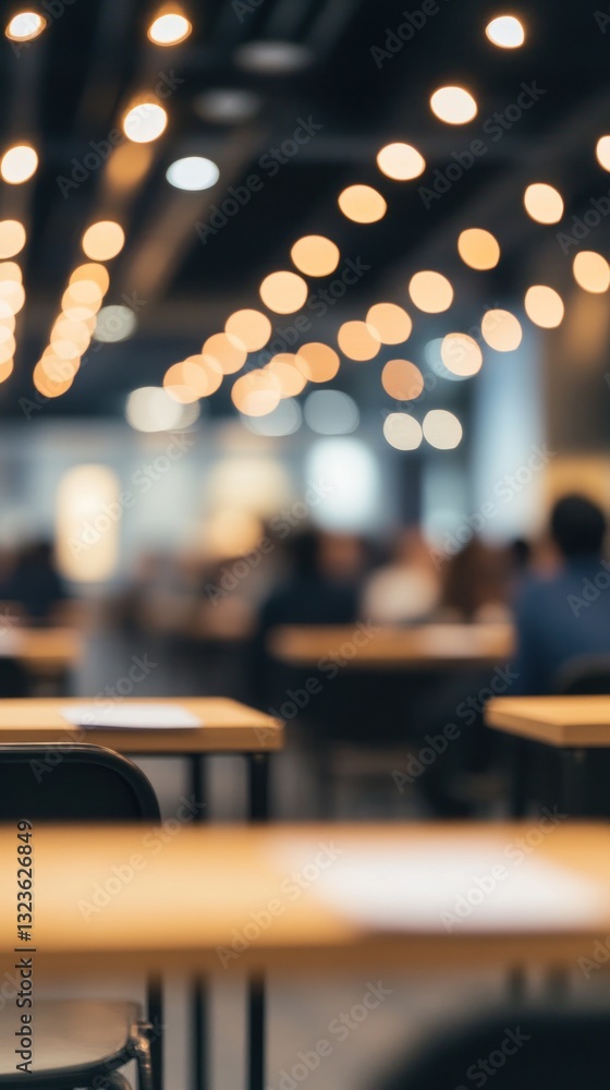 Poster a focused view of empty tables in a modern cafe setting, with blurred patrons in the background enjo