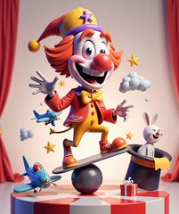 Colorful clown with red hair in yellow - purple hat, yellow bow tie, standing on ball and skateboard. Surrounded by magic hat rabbit, toy plane, gift box, red curtains for April Fools' Day and carniva