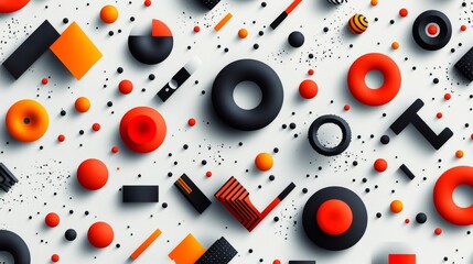 Obraz premium Geometric design on white features circles squares and spheres in red orange and black. 