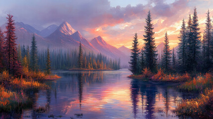 Fototapeta premium A painting of a mountain range with a river running through it