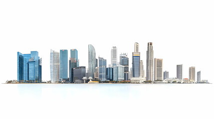 Panoramic City Skyline Of Modern Buildings In Blue And White Against Clear Sky Horizontal Perspective View