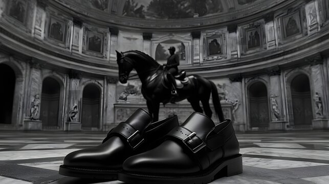Detailed Black Horse Statue on Large Elegant Shoes in a Historical Architectural Setting