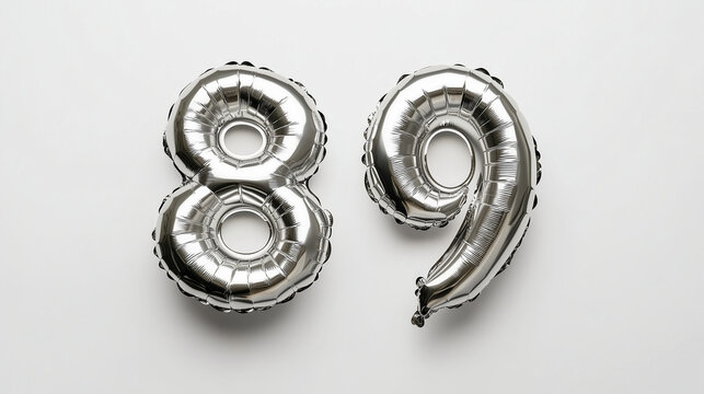 
Silver foil balloon number eighty nine. Top view. Colored number on white background.

