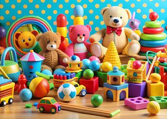 Obraz premium Playful kids' environment with interactive toys wooden shapes stuffed bears colorful balls and creative playsets milkyhexddway Backgrounds for creating advertising placements Your ads can be here art