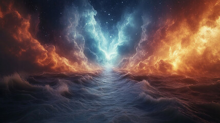 A colorful, abstract painting of a blue and red ocean with waves