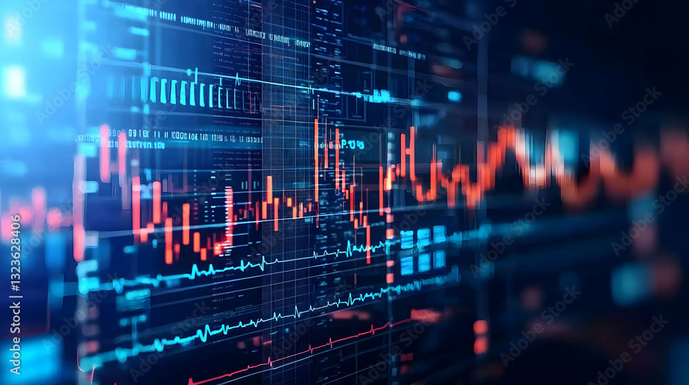 Poster abstract digital financial chart displaying red and blue data lines against a blurred background dep