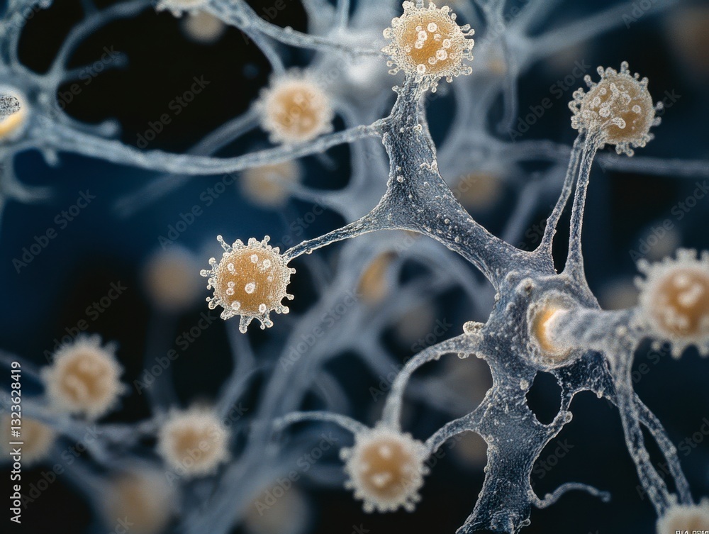 Poster microscopic 3d render of neuron cells and synapses