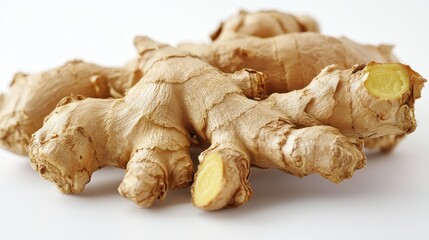 Fototapeta premium A ginger root, its vibrant orange hue and earthy aroma, stood proudly against a pristine white backdrop, its texture and form clearly visible.