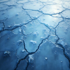 Ethereal close-up of a frozen, cracked blue surface, resembling a desolate arctic landscape.