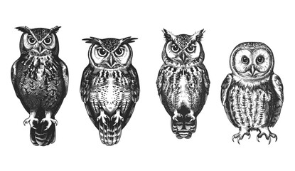 Wild owl illustration, ink sketch, vector owl set, vintage engrave, isolated owlet, night bird art, wildlife art, bird sketch, owl drawing, night background, owl silhouette, nature illustration