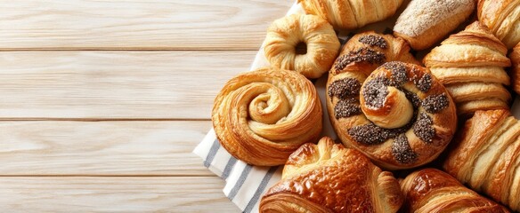 Fototapeta premium Delicious Variety of Pastries on Wooden Table with Copy Space