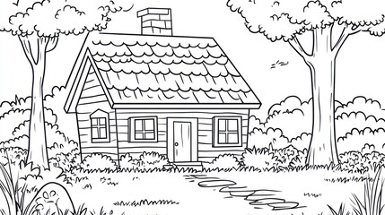 Obraz premium Cozy cabin, forest path, nature scene, coloring page