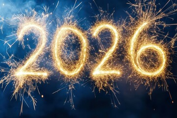 Sparkling 2026 New Year: The year 2026 is illuminated in dazzling sparklers against a backdrop of deep blue, creating a visual celebration of a fresh beginning and bright prospects.
