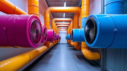 Colorful Pipes and Fans in an Industrial Gas Plant, White Background with Copy Space