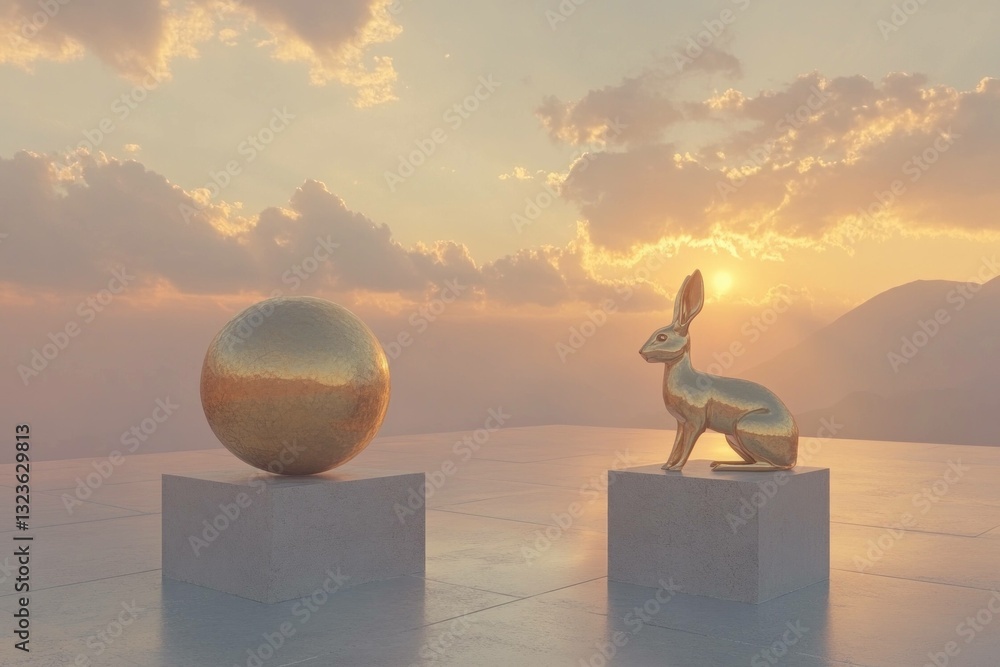 Poster golden rabbit and sphere against a sunset backdrop create a surreal atmosphere that evokes creativit