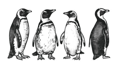 Vintage penguin illustration, wild bird vector, isolated sketch, imperial engrave, ink drawing, nature art, animal background, penguin artwork, bird set, wildlife sketch © aura studio