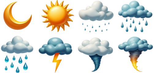 Weather Icon Set with Moon, Sun, Clouds, Rain, Lightning, and Tornado with transparent background