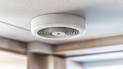 Ceiling Mounted Smoke Detector On A Textured Ceiling With Minimal Natural Bright Lighting