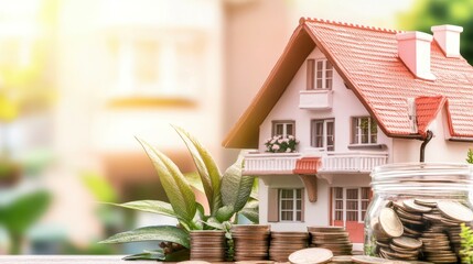 Dream Home Savings: A miniature house sits alongside stacks of coins and a glass jar overflowing with money, with soft bokeh background, representing homeownership and investment.