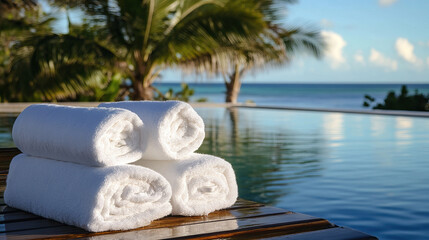 Obraz premium Stack of freshly folded white towels on a wooden bench beside a sparkling infinity pool, with palm trees reflected in the water