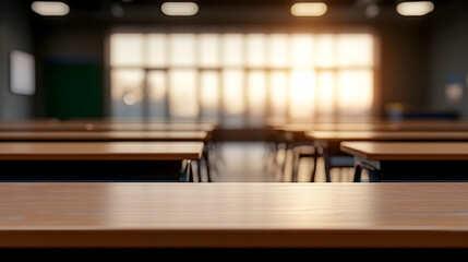 Empty classroom with rows of wooden tables under bright sunlight through the windows at sunset
