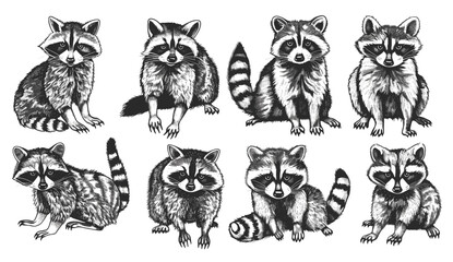 Raccoon vector art collection, vintage engrave sketch, isolated wild pet illustration, raccoon line art, wildlife vector drawing, animal background, forest raccoon design © aura studio