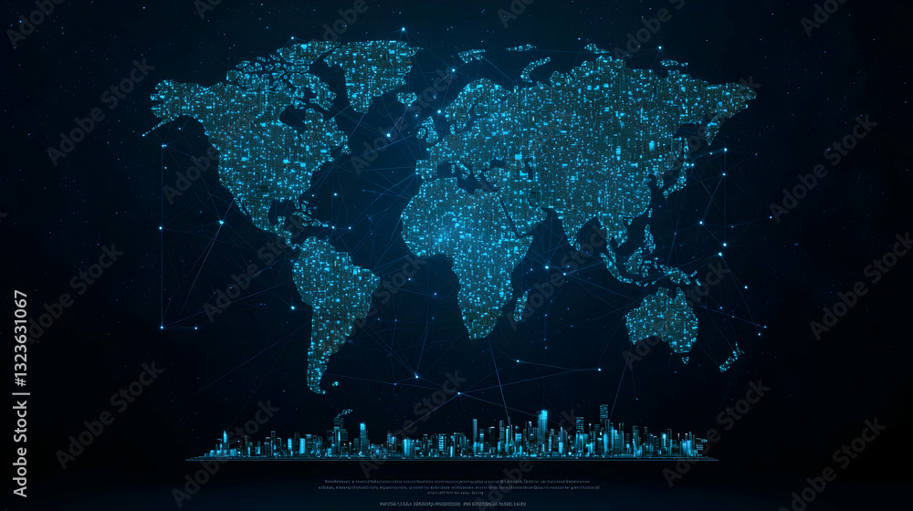 Poster abstract digital world map displaying global data connections over dark blue background with city sk